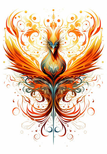 Symmetrical phoenix with fire on face, orange bronze