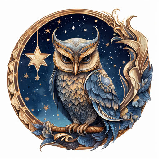 The owl is sitting on the crescent with stars and patterns