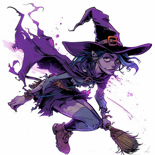 Playful witch on broom in purple and black on white background