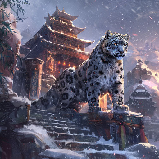 Snow leopard guarding snow-covered ancient temple