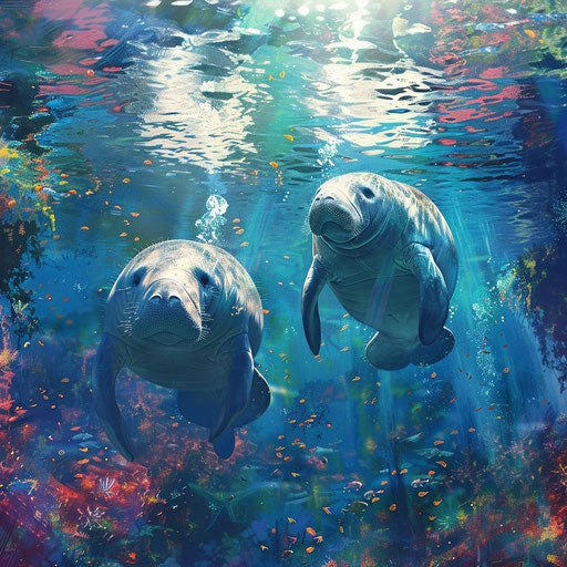 Manatees in a vibrant underwater scene