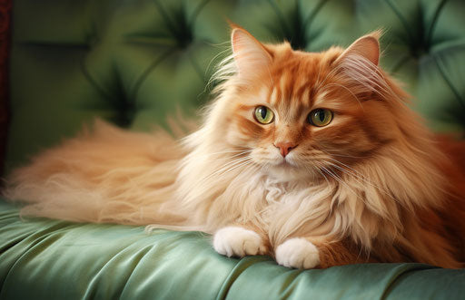 Fluffy cat on a bed with green eyes, AP photo style, light maroon, daguerreian 17:11