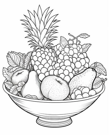 Fruit coloring page in a bowl, in the style of contrasting, lovely