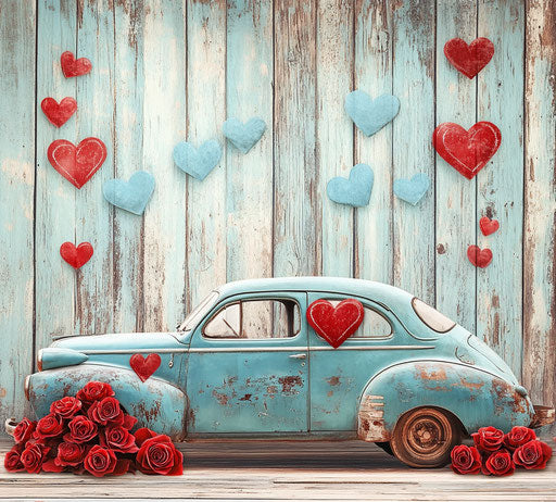 Vintage car with heart-shaped windows and red roses