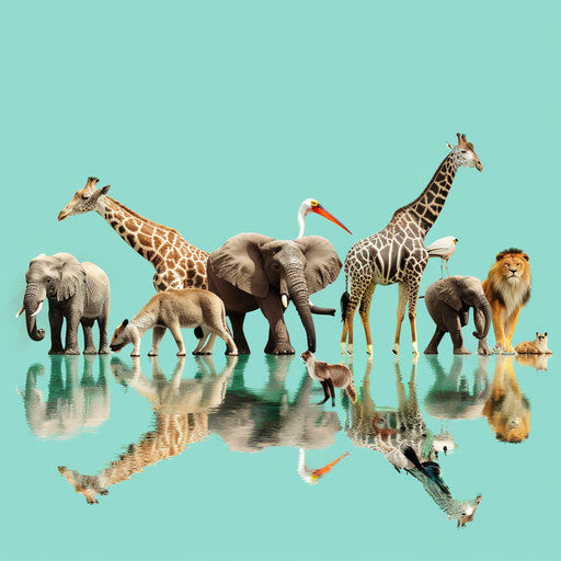 Realistic wild animals clipart on a flat, serene aqua background