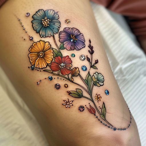 Wildflower tattoo with gemstones, colorful blooms, mystical touch