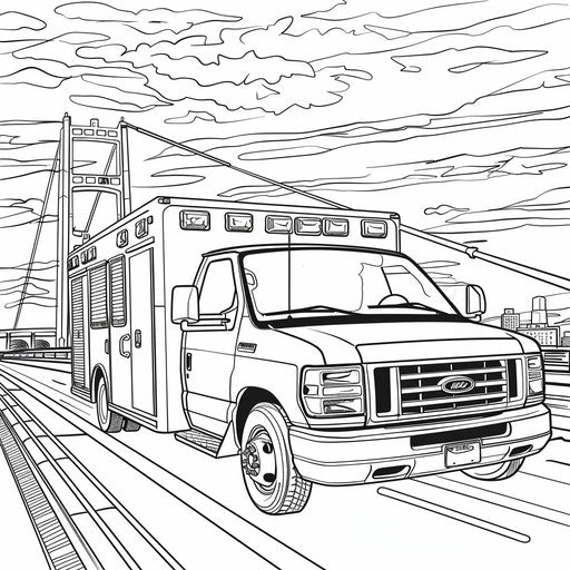 Ambulance crossing a bridge with a beautiful sunset in the background