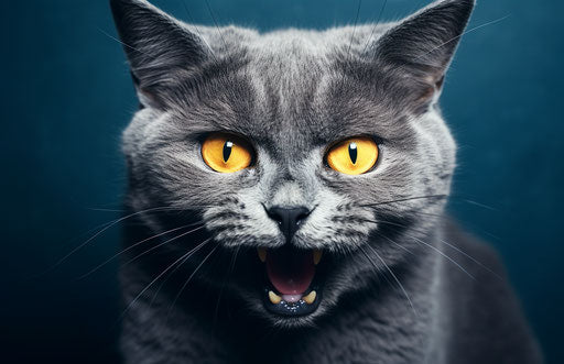 Gray cat with tongue out, dark azure and yellow style