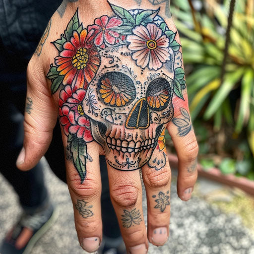 Hand tattoo designs of a floral skull, Guy Aitchison style