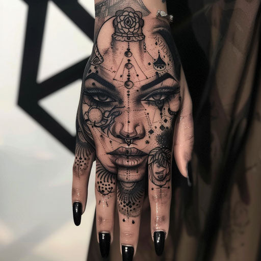 Dark and gritty hand tattoo for women with symbolic motifs