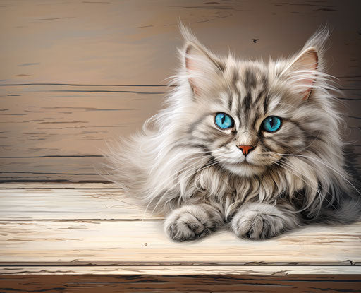 Fluffy cat on wooden floor, dark beige and sky-blue style