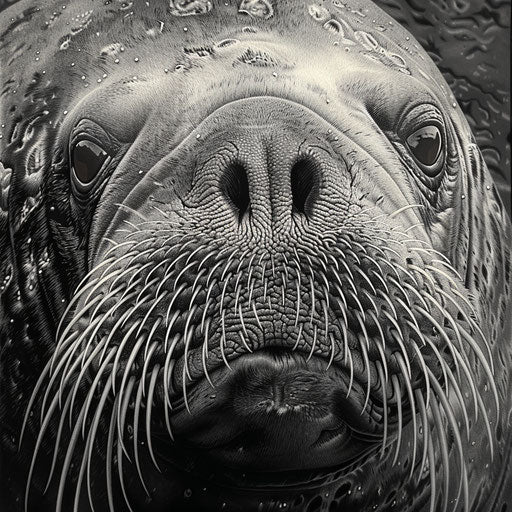 Tender portrait of a walrus seal, showcasing its whiskered face and expressive eyes
