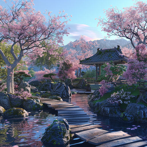 Peaceful Japanese garden with cherry blossoms