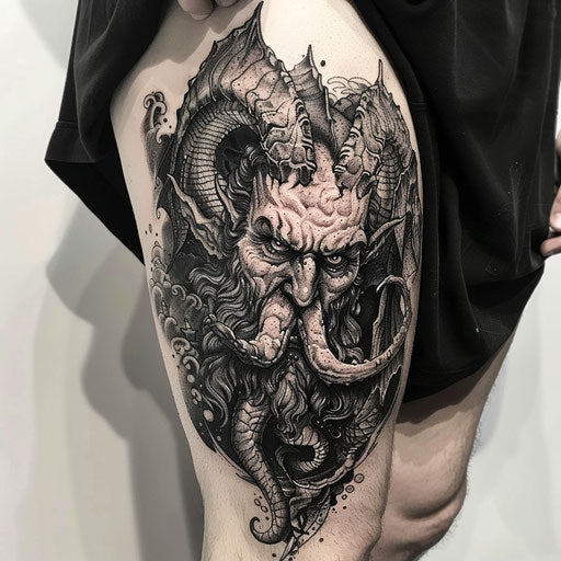 Detailed dark fantasy thigh tattoos for men in the style of Glenn Fabry