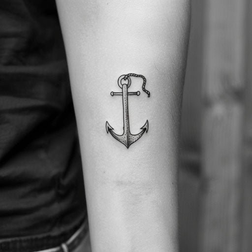 Small anchor tattoo symbolizing stability, in the style of Ami James