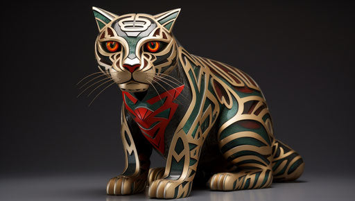 Canidae felidae, in dark beige and gold style, bold patterns, precise lines, sterling silver highlights, smooth lines, Bengal school of art, dark emerald and red 37:21