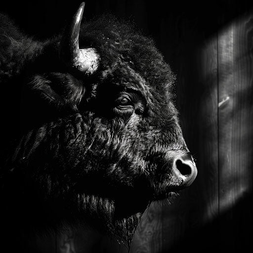 Buffalo in a black and white photograph with dramatic shadows