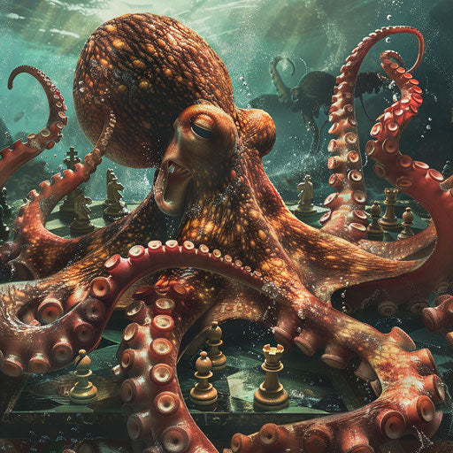 An octopus playing chess, each tentacle moving a piece, in an underwater battle of strategy