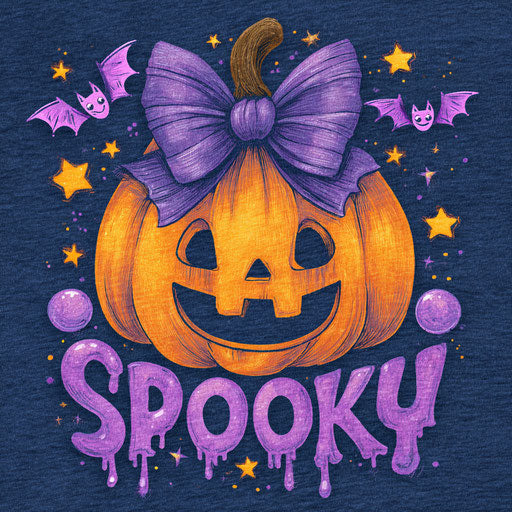 Festive pumpkin with bats and glowing stars around