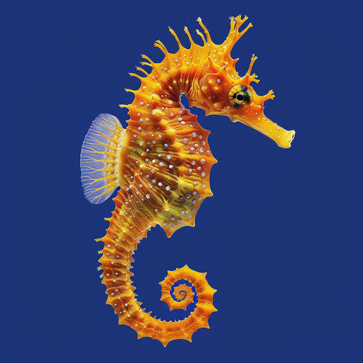 Realistic seahorse clipart shining on royal blue background