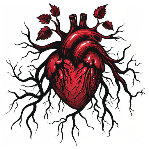 Flat tattoo sketch of a heart in clipart style with family names as roots, deep red and black