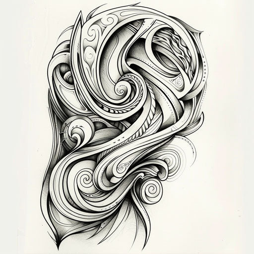 Elegant tattoo sketch of a moko design with flowing lines and subtle gradients