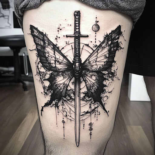 Butterfly tattoo for men on thigh with samurai motifs