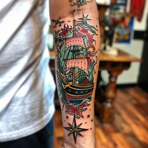 Men's forearm tattoo with nautical theme