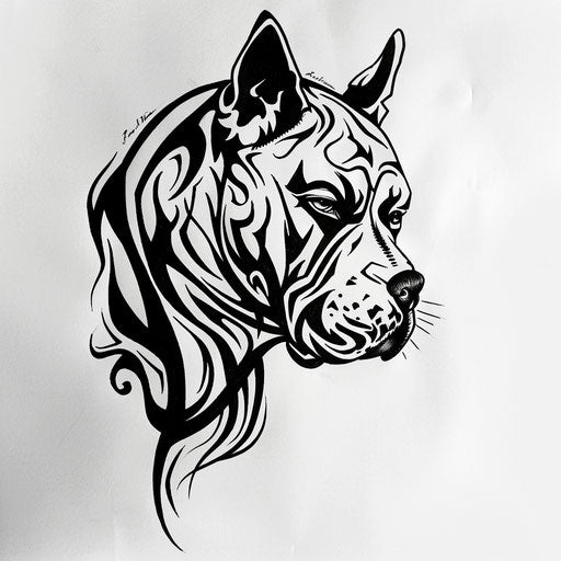Tribal pitbull tattoo design with swirling black lines and patterns on white paper