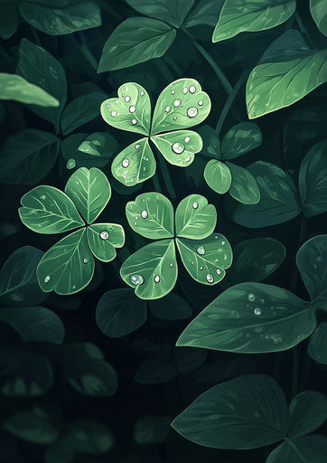 Four-leaf clover with dew drops, symbolizing good fortune