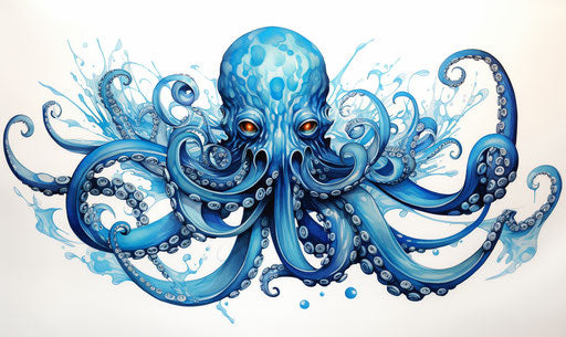 Elegant octopus in navy and azure tattoo style, hand-drawn animation