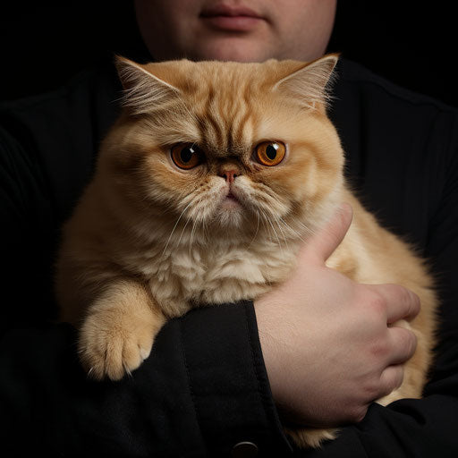 Exotic shorthair cat being held by its owner