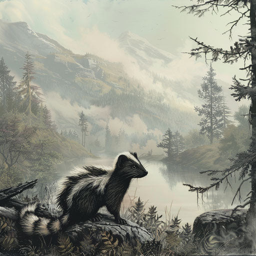 Eastern spotted skunk alert at forest edge with foggy mountains