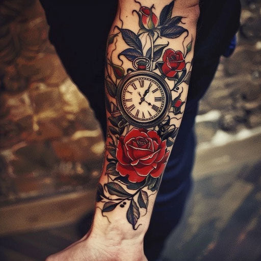 Meaningful tattoos for men with a rose and clock
