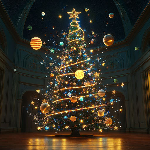 A celestial Christmas tree at the observatory, adorned with glowing stars, planets, and comet-shaped ornaments