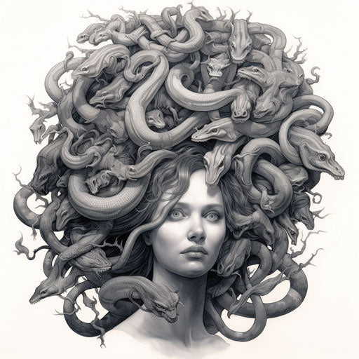 Woman's head covered in snakes, necronomicon style, tattoo