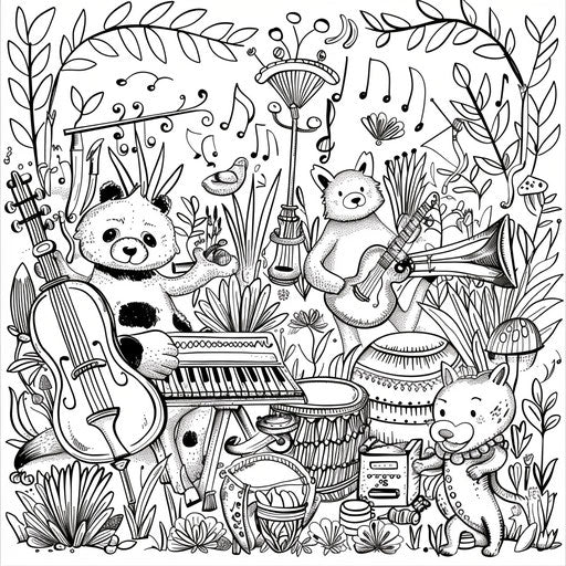 Whimsical scene of animals playing musical instruments