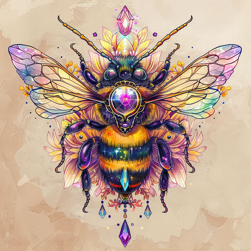 Fantasy-inspired tattoo sketch of a queen bee with magical elements and shimmering colors in a clipart style