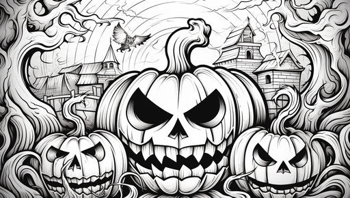 Coloring page with pumpkins and castles