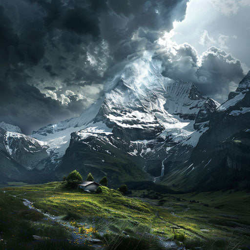 Storm on the Eiger, dramatic lighting and dark clouds contrasting with snowy peaks