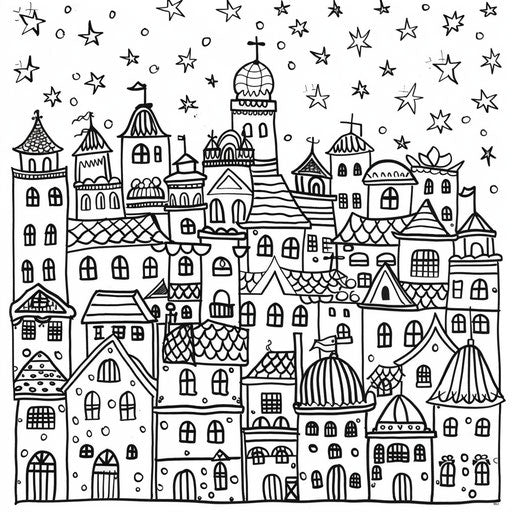 Whimsical cityscape at night