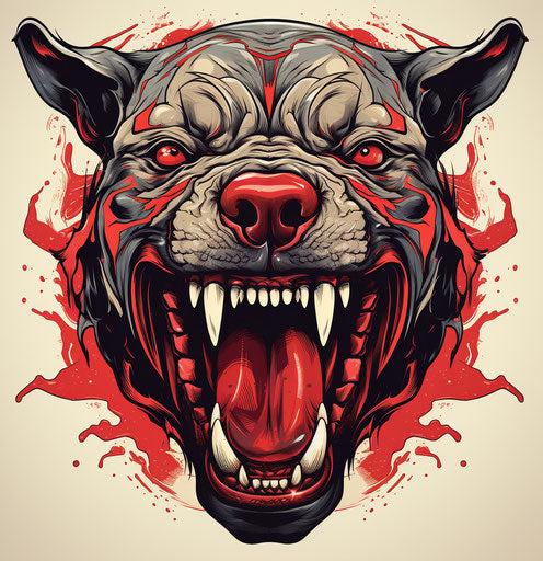 Angry dog head with tongue out, classic tattoo style