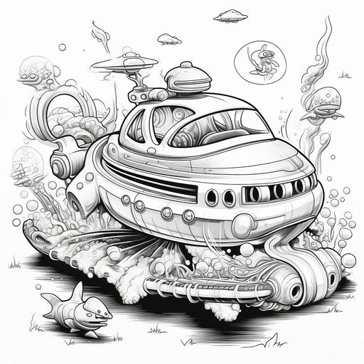 Alien Spaceship Coloring Page: Energetic Toyen Style in B&W