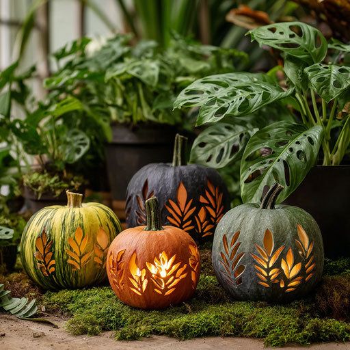 Artfully Carved Pumpkins Surrounded by Lush Greenery