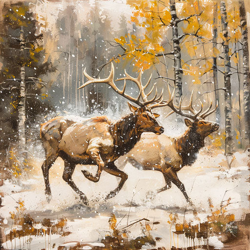 Elks frolicking in the first snow of winter