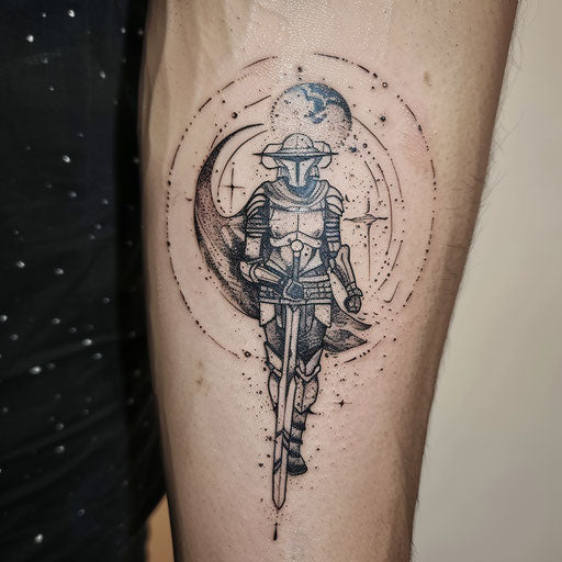 Small tattoo with a cosmic warrior, in the style of David Palumbo