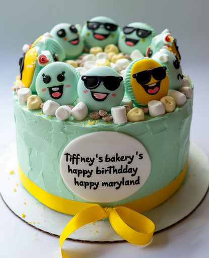Mint green cake with smiley faces and sunglasses