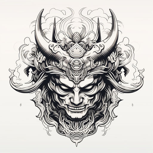 Samurai head in black and white, strong linear style