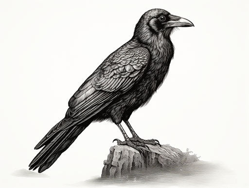 Black and white drawing of a raven, detailed and humorous