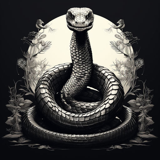 Black and white illustration of a snake, inspired by mythology